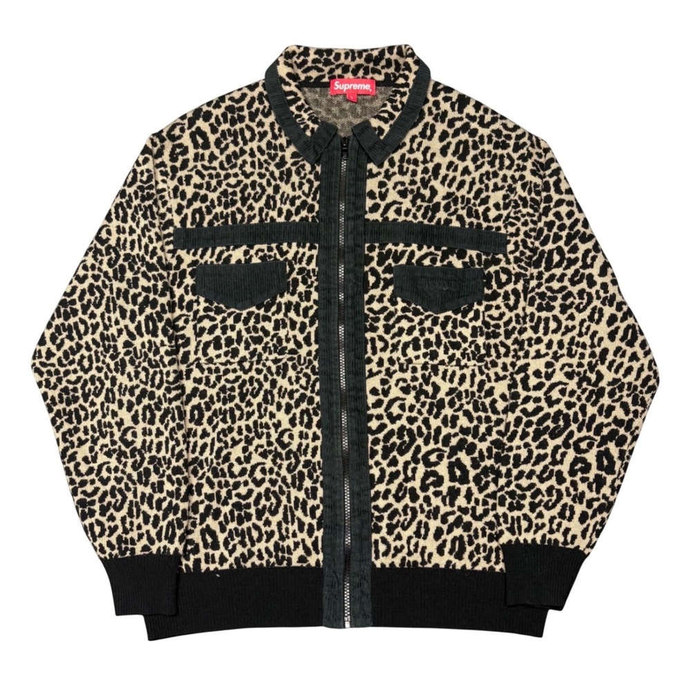 Supreme Leopard Corduroy Zip Up Sweater Tan Black Merino Wool Mens Large L F/W18